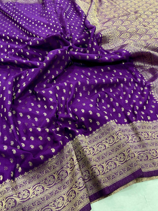 Royal Purple Pure Khadi Georgette Silk Saree with Rich Zari Butti & Traditional Woven Border