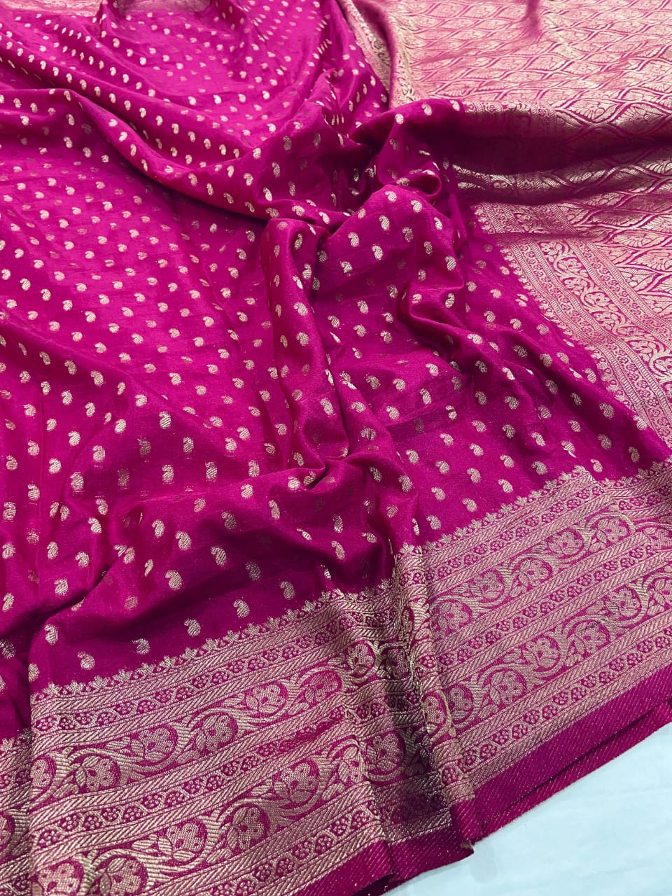 Rani Pink Pure Khadi Georgette Silk Saree with Rich Zari Butti & Traditional Woven Border