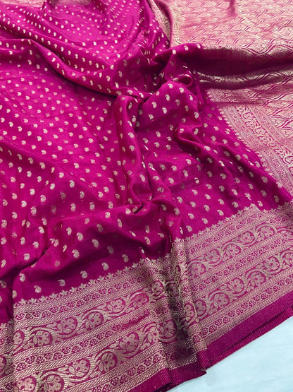 Rani Pink Pure Khadi Georgette Silk Saree with Rich Zari Butti & Traditional Woven Border