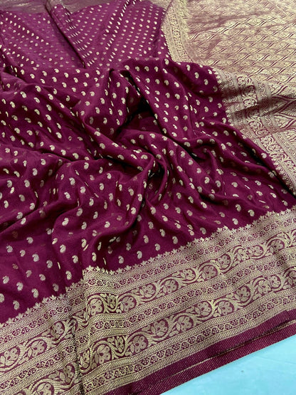Magenta Pure Khadi Georgette Silk Saree with Rich Zari Butti & Traditional Woven Border