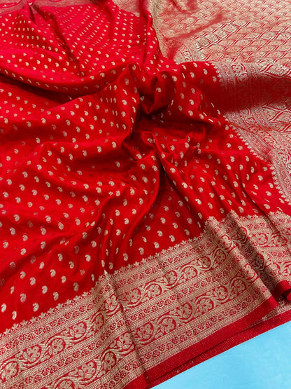 Red Pure Khadi Georgette Silk Saree with Rich Zari Butti & Pichwai Woven Border