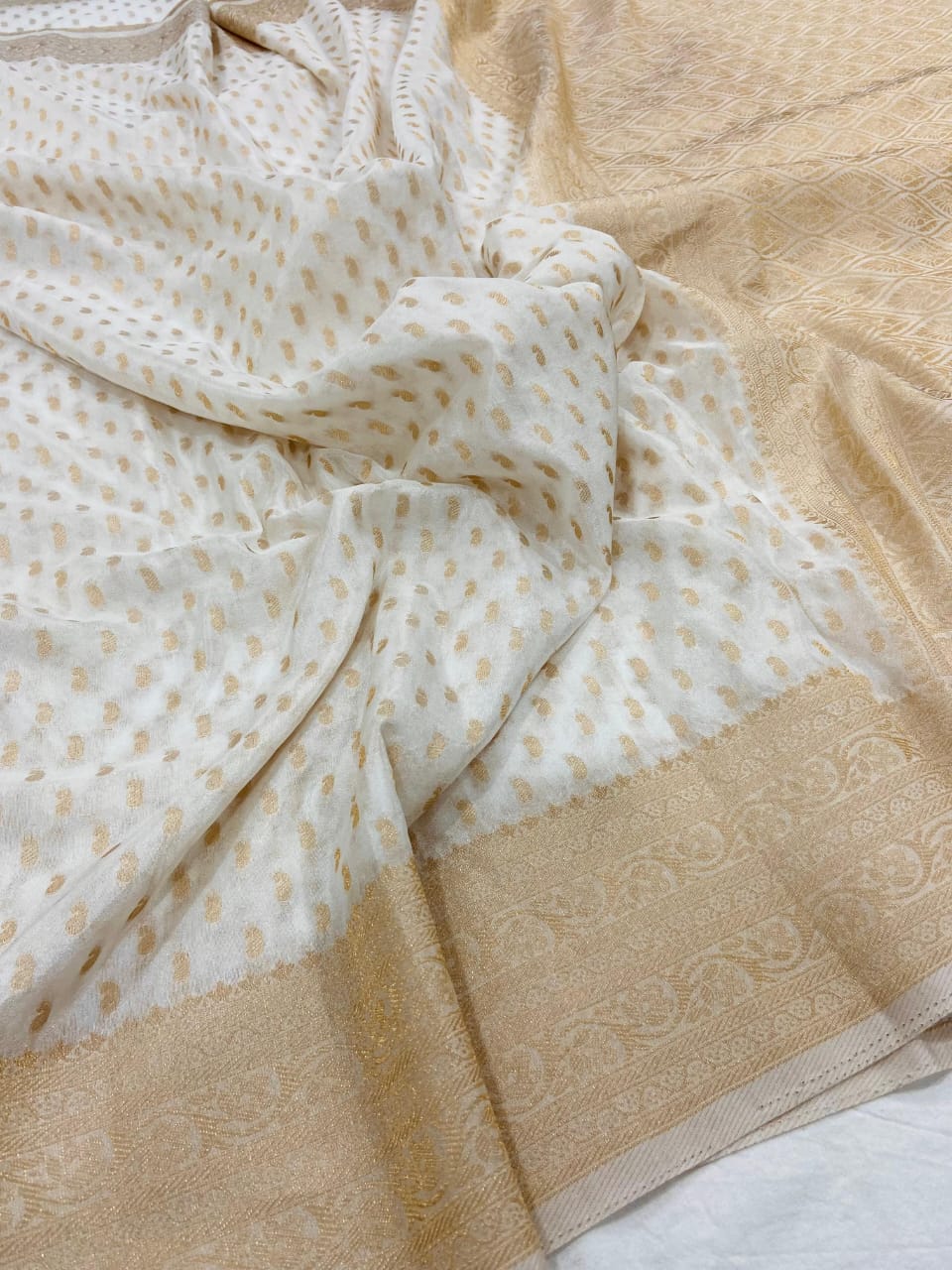 Ivory White Pure Khadi Georgette Silk Saree with Elegant Zari Butti & Rich Woven Border