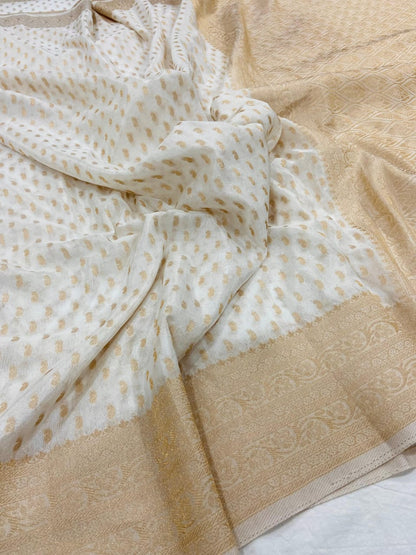 Ivory White Pure Khadi Georgette Silk Saree with Elegant Zari Butti & Rich Woven Border