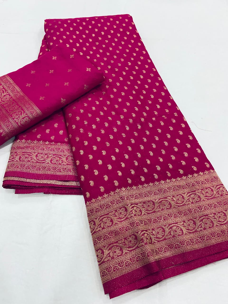 Rani Pink Pure Khadi Georgette Silk Saree with Rich Zari Butti & Traditional Woven Border