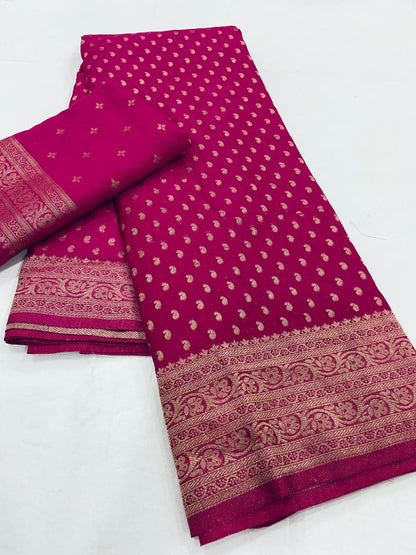 Rani Pink Pure Khadi Georgette Silk Saree with Rich Zari Butti & Traditional Woven Border