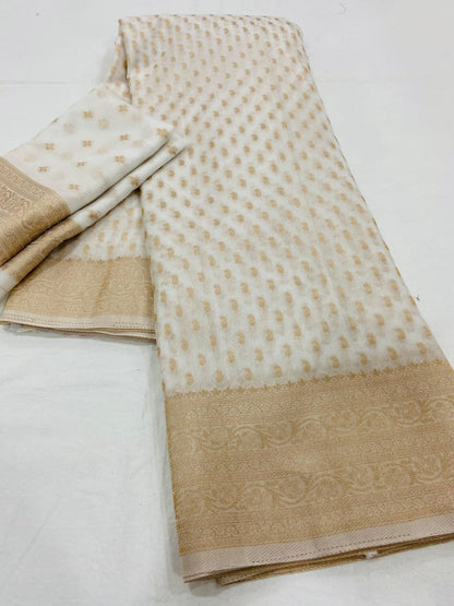 Ivory White Pure Khadi Georgette Silk Saree with Elegant Zari Butti & Rich Woven Border