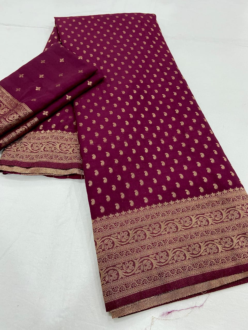 Magenta Pure Khadi Georgette Silk Saree with Rich Zari Butti & Traditional Woven Border