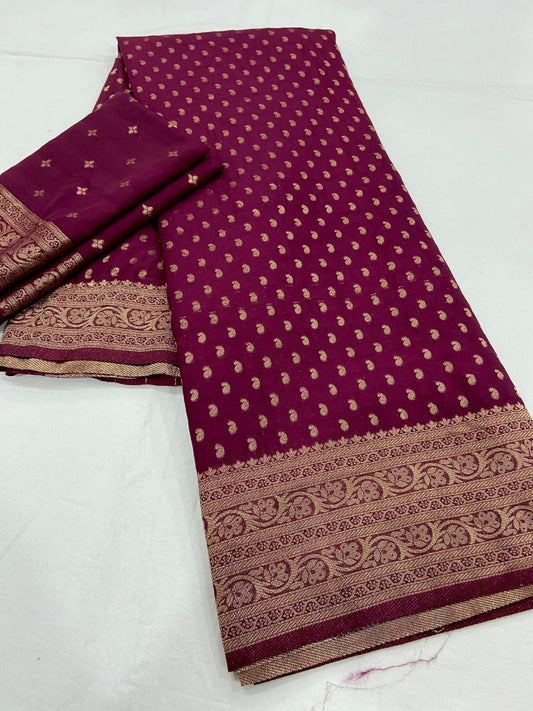 Magenta Pure Khadi Georgette Silk Saree with Rich Zari Butti & Traditional Woven Border