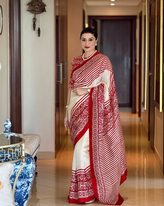Red & Off White Soft Satin Silk Printed Saree with Elegant Border & Running Blouse