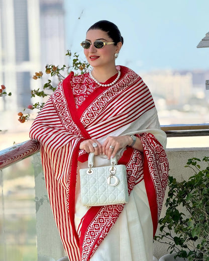 Red & Off White Soft Satin Silk Printed Saree with Elegant Border & Running Blouse