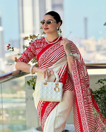 Elegant Off White & Red Printed Soft Satin Silk Saree with Traditional Border & Running Blouse