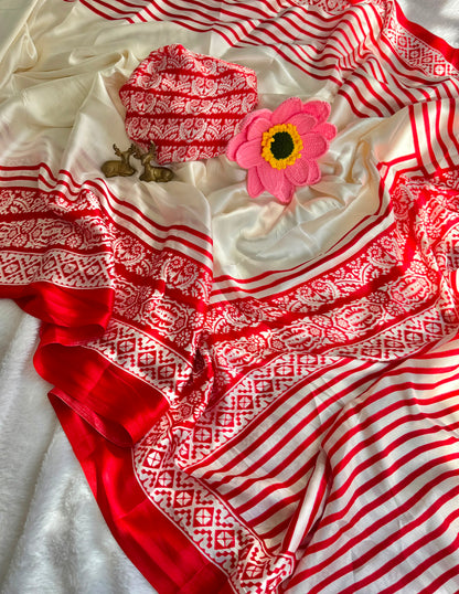 Elegant Off White & Red Printed Soft Satin Silk Saree with Traditional Border & Running Blouse