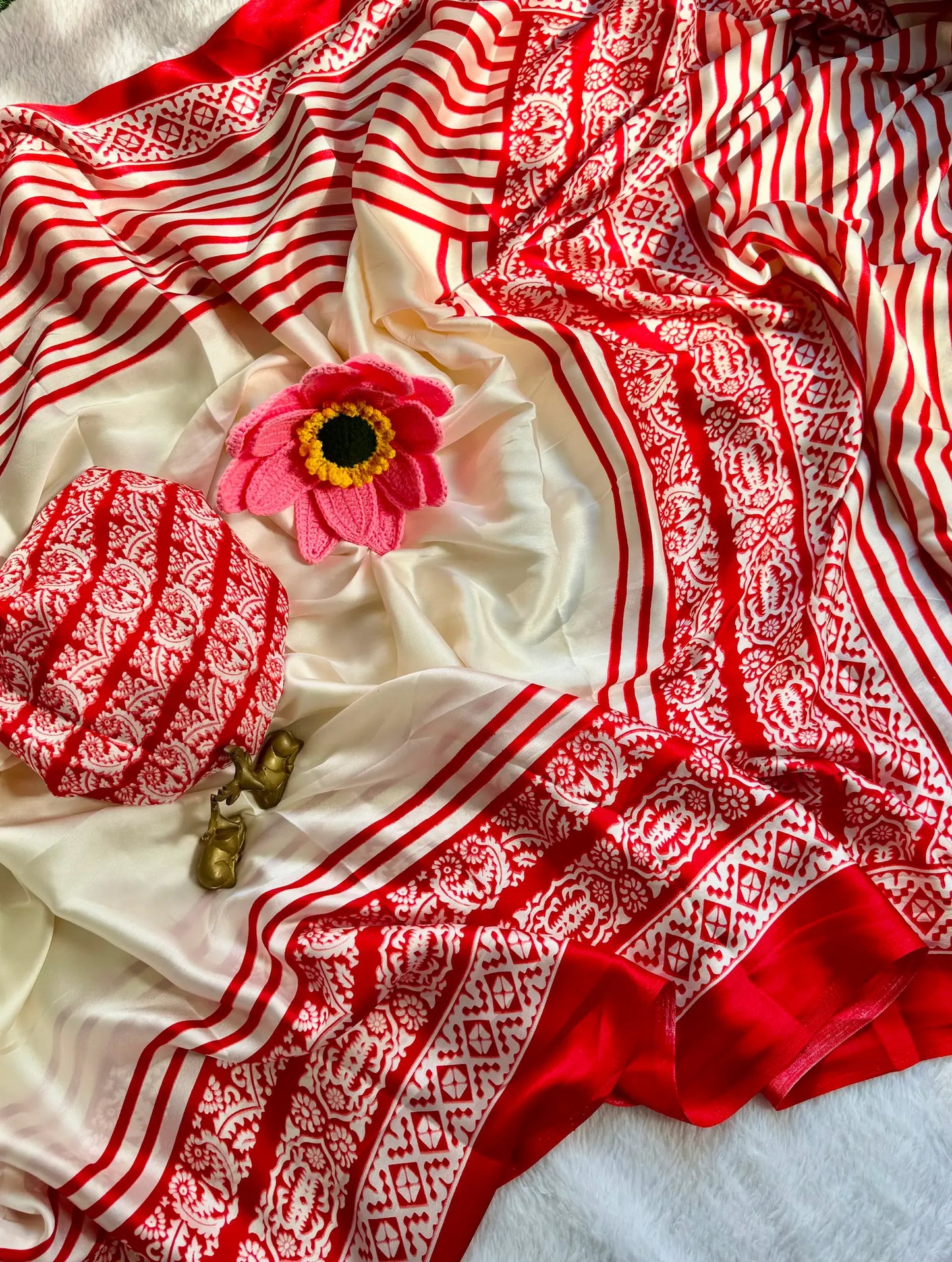 Red & Off White Soft Satin Silk Printed Saree with Elegant Border & Running Blouse