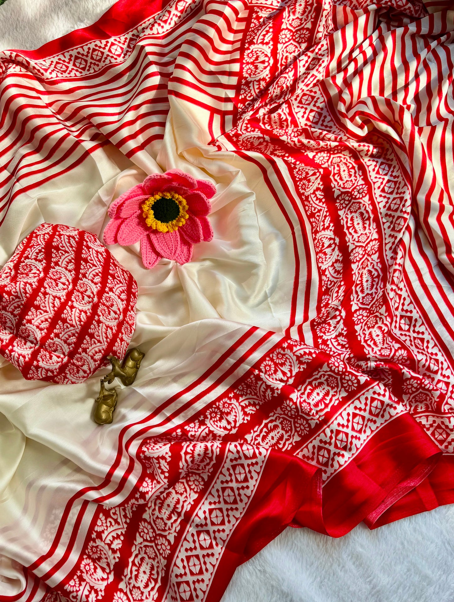 Elegant Off White & Red Printed Soft Satin Silk Saree with Traditional Border & Running Blouse