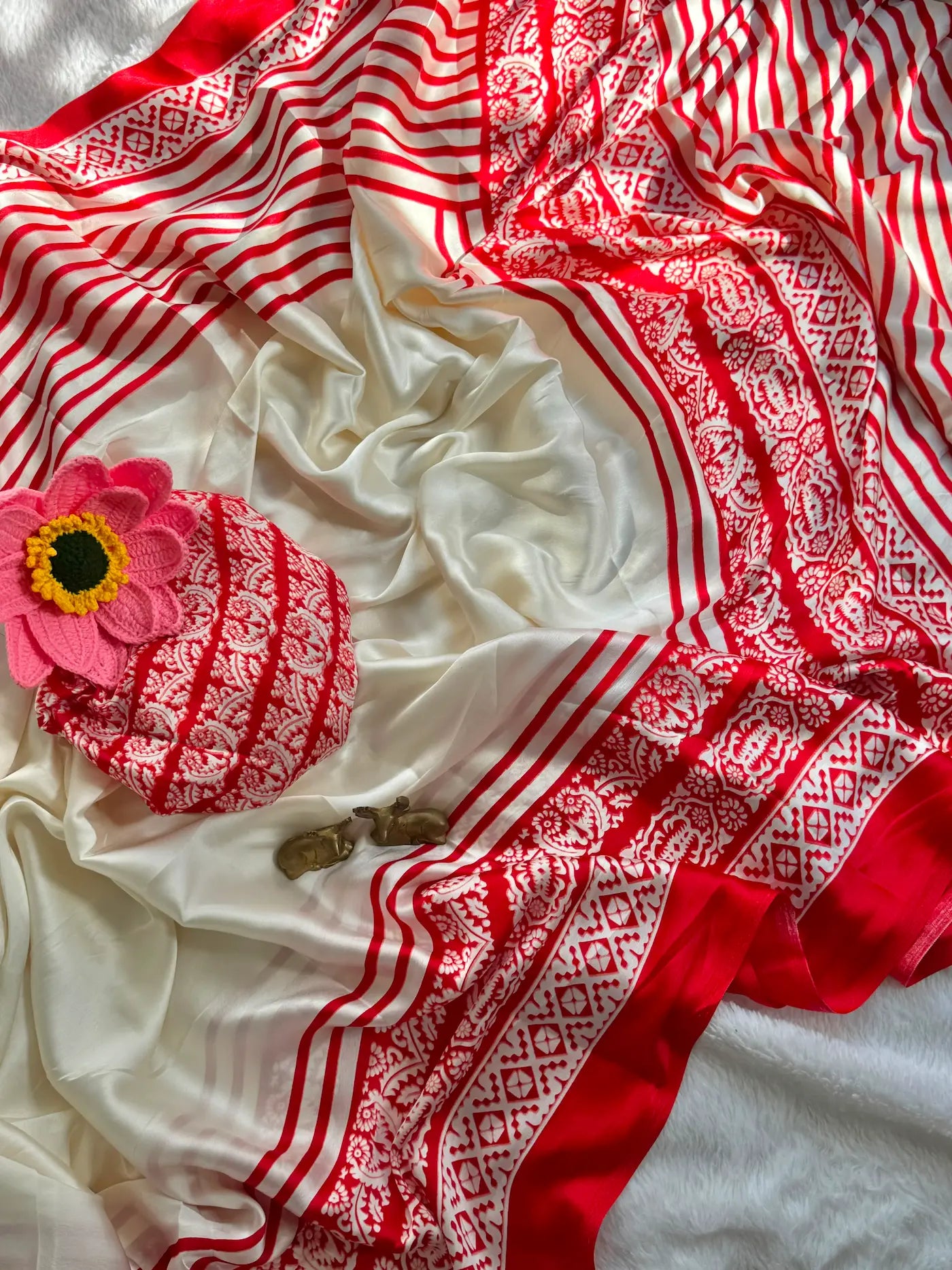 Red & Off White Soft Satin Silk Printed Saree with Elegant Border & Running Blouse