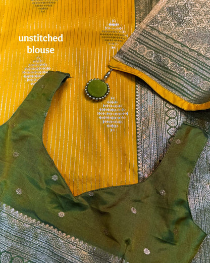 Saanvi Mustard Yellow Banarasi Silk Saree with Dual Zari Minakari Weaving & Contrast Blouse
