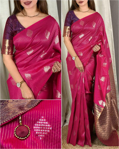 Saanvi Rani Pink Banarasi Silk Saree with Dual Zari Minakari Weaving & Contrast Pallu