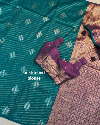 Saanvi Teal Blue Banarasi Silk Saree with Dual Zari Minakari Weaving & Contrast Pallu