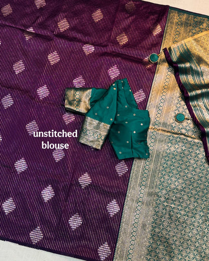 Saanvi Royal Purple Banarasi Silk Saree with Dual Zari Minakari Weaving & Contrast Pallu
