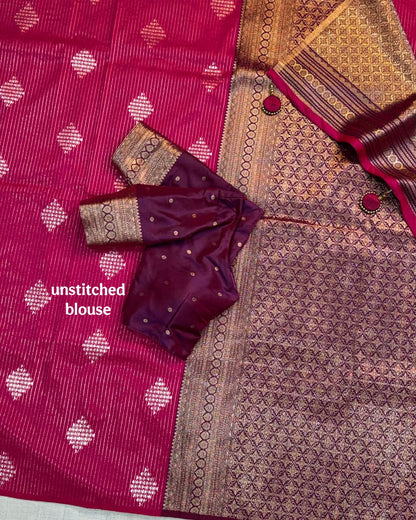 Saanvi Rani Pink Banarasi Silk Saree with Dual Zari Minakari Weaving & Contrast Pallu