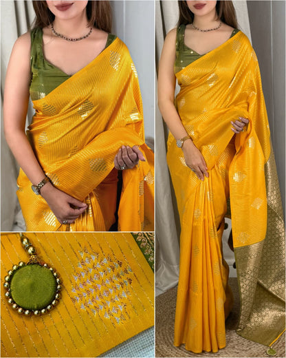 Saanvi Mustard Yellow Banarasi Silk Saree with Dual Zari Minakari Weaving & Contrast Blouse