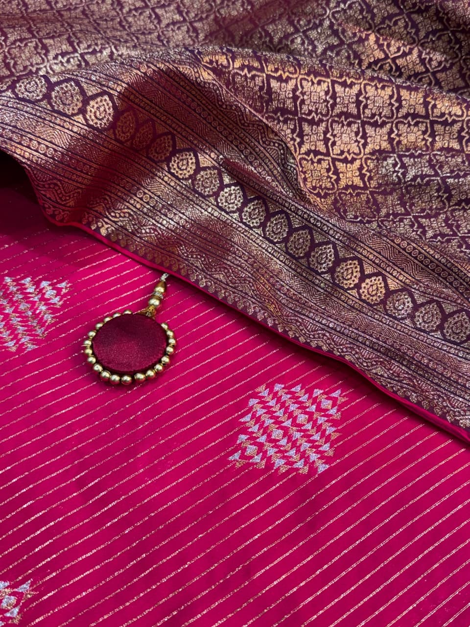 Saanvi Rani Pink Banarasi Silk Saree with Dual Zari Minakari Weaving & Contrast Pallu