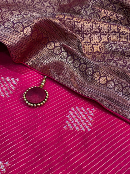 Saanvi Rani Pink Banarasi Silk Saree with Dual Zari Minakari Weaving & Contrast Pallu