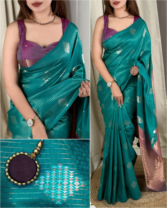 Saanvi Teal Blue Banarasi Silk Saree with Dual Zari Minakari Weaving & Contrast Pallu