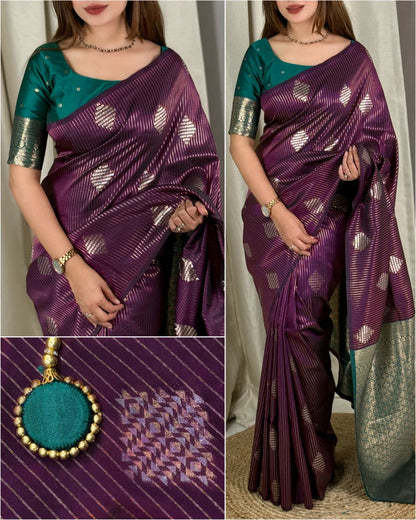 Saanvi Royal Purple Banarasi Silk Saree with Dual Zari Minakari Weaving & Contrast Pallu