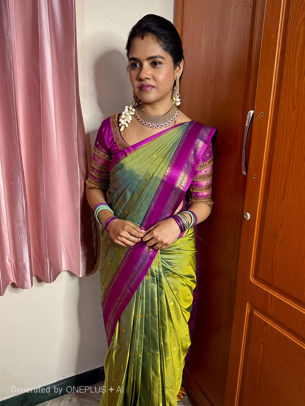 Celestial Olive Green Semi Kanchi Soft Silk Saree with Aqua Blue Zari Border & Contrast Blouse