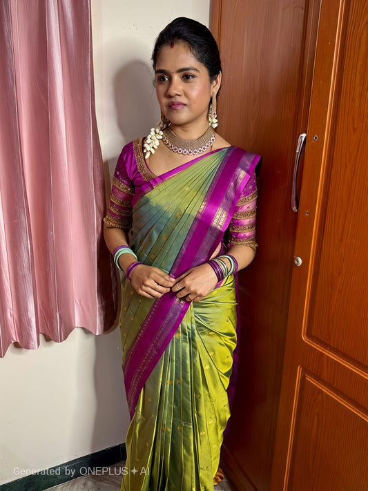 Celestial Olive Green Semi Kanchi Soft Silk Saree with Aqua Blue Zari Border & Contrast Blouse