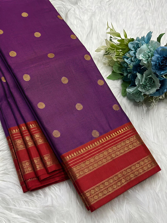 Royal Purple Semi Kanchi Soft Silk Saree with Maroon Zari Border & Contrast Blouse