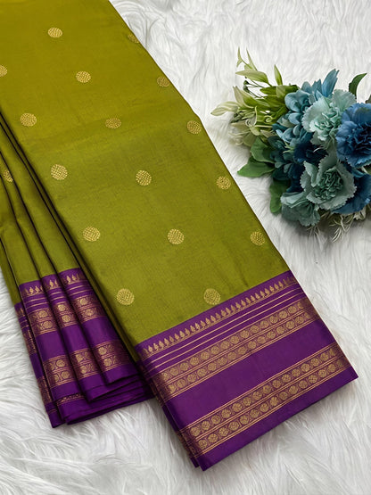Celestial Olive Green Semi Kanchi Soft Silk Saree with Aqua Blue Zari Border & Contrast Blouse