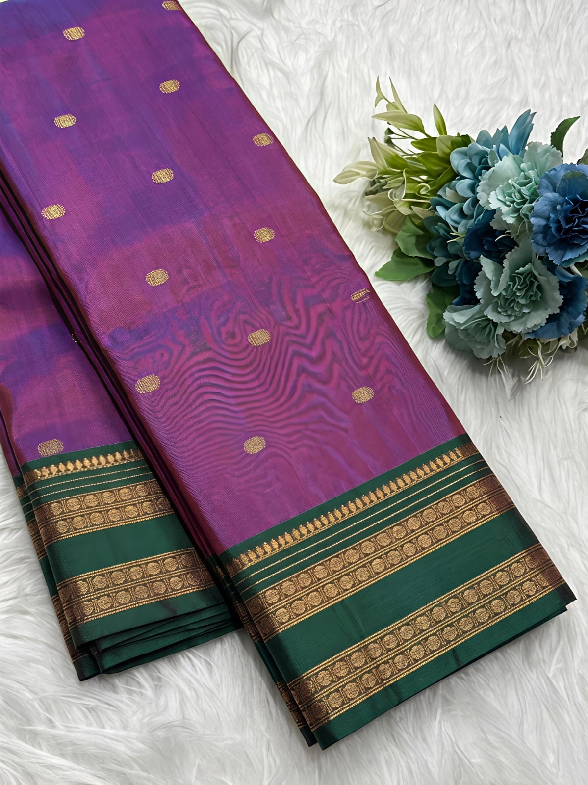 Magenta Purple Semi Kanchi Soft Silk Saree with Emerald Green Zari Border & Contrast Blouse