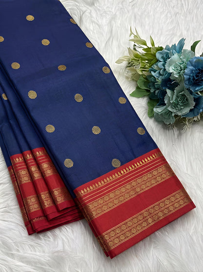 Royal Navy Blue Semi Kanchi Soft Silk Saree with Maroon Zari Border & Contrast Blouse