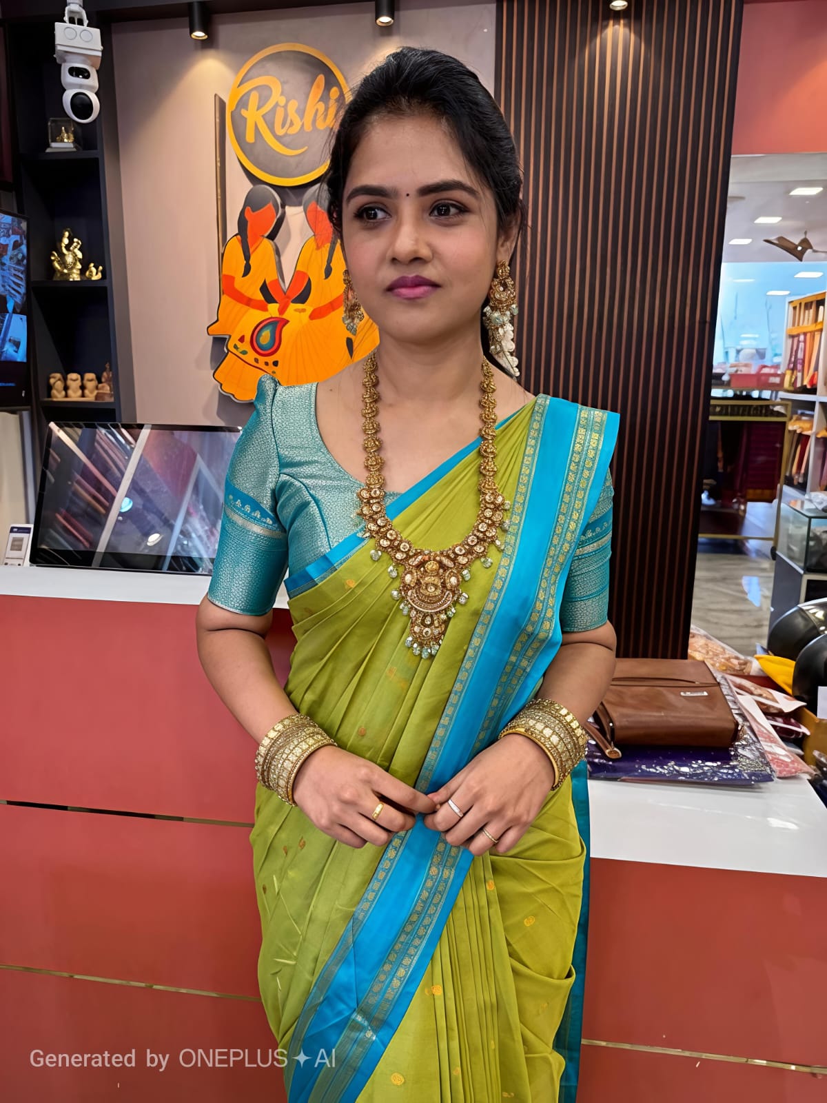 Parrot Green Semi Kanchi Soft Silk Saree with Aqua Blue Zari Border & Contrast Blouse