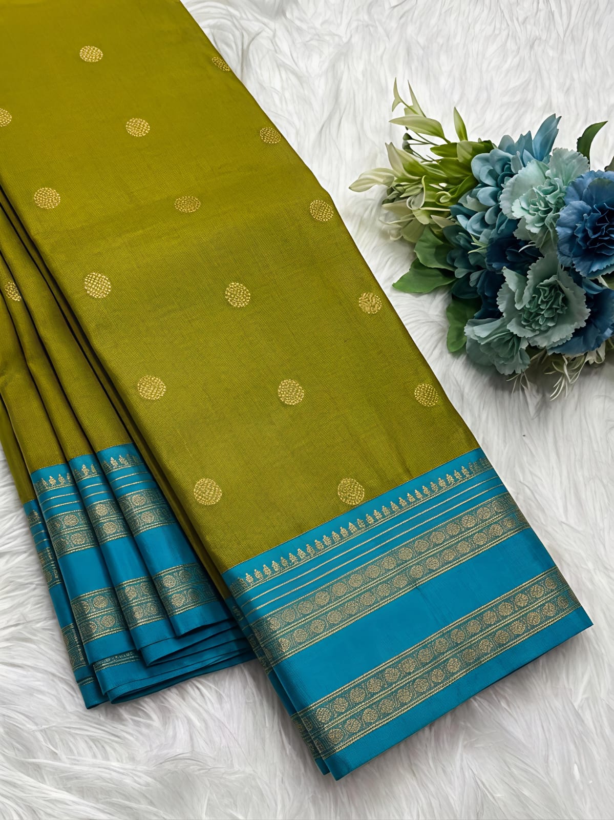 Parrot Green Semi Kanchi Soft Silk Saree with Aqua Blue Zari Border & Contrast Blouse