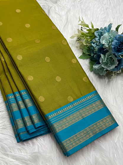 Parrot Green Semi Kanchi Soft Silk Saree with Aqua Blue Zari Border & Contrast Blouse