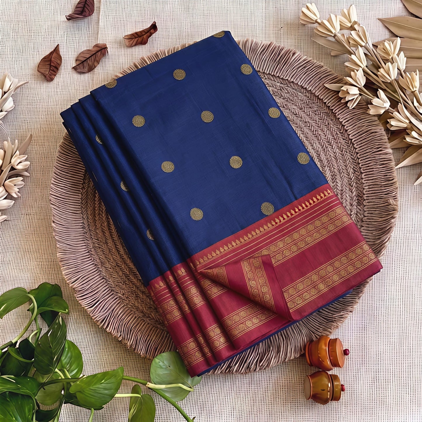 Royal Navy Blue Semi Kanchi Soft Silk Saree with Maroon Zari Border & Contrast Blouse