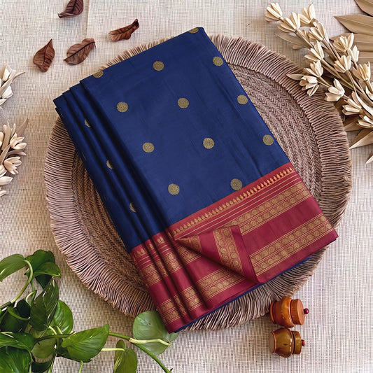 Royal Navy Blue Semi Kanchi Soft Silk Saree with Maroon Zari Border & Contrast Blouse