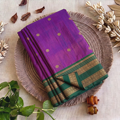 Magenta Purple Semi Kanchi Soft Silk Saree with Emerald Green Zari Border & Contrast Blouse