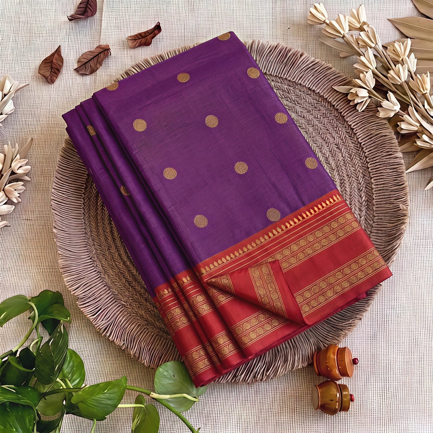 Royal Purple Semi Kanchi Soft Silk Saree with Maroon Zari Border & Contrast Blouse