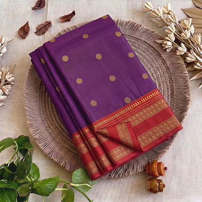 Royal Purple Semi Kanchi Soft Silk Saree with Maroon Zari Border & Contrast Blouse