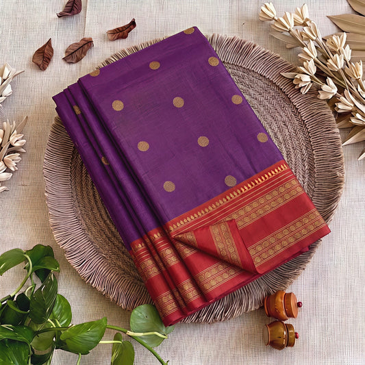 Royal Purple Semi Kanchi Soft Silk Saree with Maroon Zari Border & Contrast Blouse