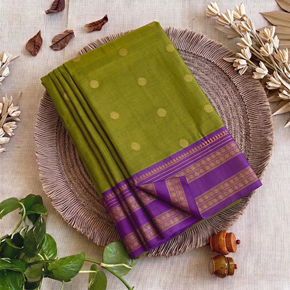 Celestial Olive Green Semi Kanchi Soft Silk Saree with Aqua Blue Zari Border & Contrast Blouse