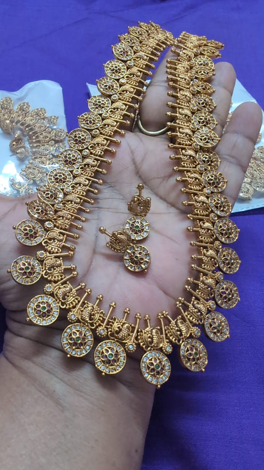 Premium Antique Gold Peacock Lakshmi Coin Design Temple Necklace Set with Matching Earrings for Women