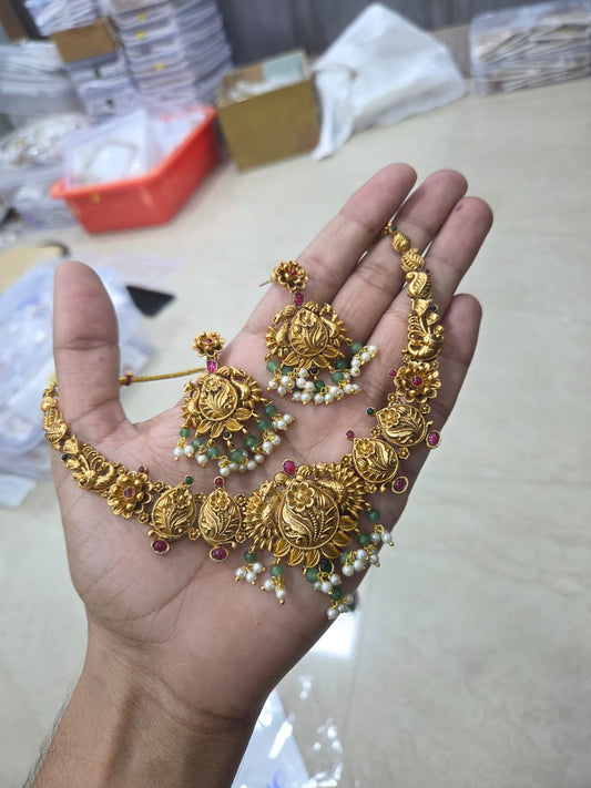 Premium Antique Gold Floral Temple Choker Necklace Set with Pearl & Green Bead Drops | Traditional Bridal Jewellery for Women
