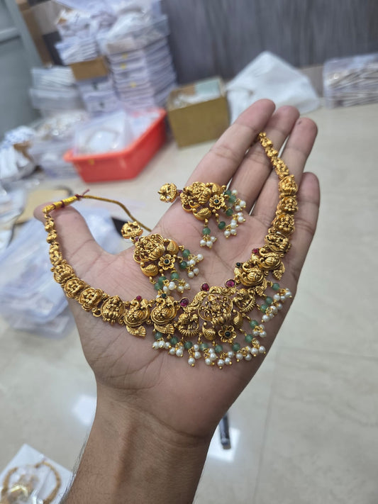 Premium Antique Gold Lakshmi Temple Choker Necklace Set with Pearl & Green Bead Drops | Bridal South Indian Jewellery