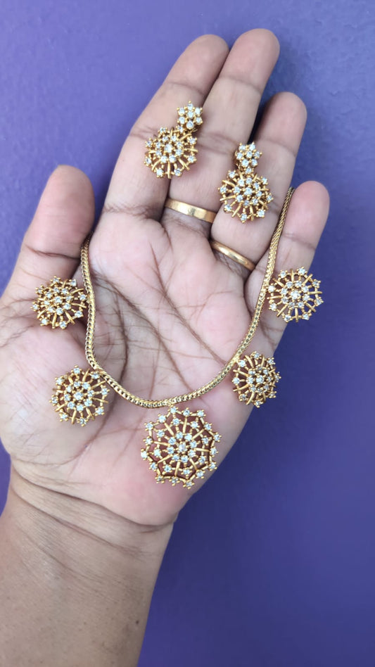 Premium AD Floral Sunburst Pendant Necklace Set with Matching Earrings & Finger Ring | Gold Plated Party Wear Jewellery