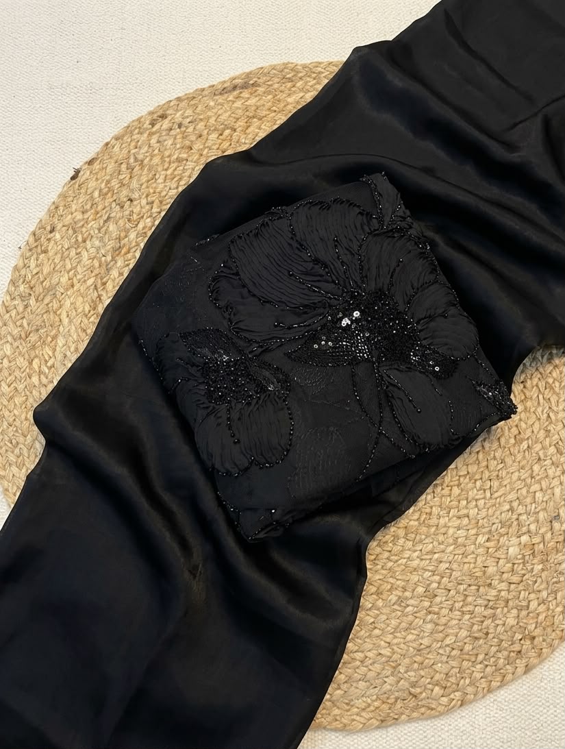 Black Magic Designer Saree with Handcrafted Ribbon Beads Floral Work Blouse | Party Wear Black Saree